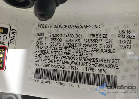 2016 Honda Cr-V Ex-L z USA, uszkodzony, nr VIN 5J6RM4H74GL091913